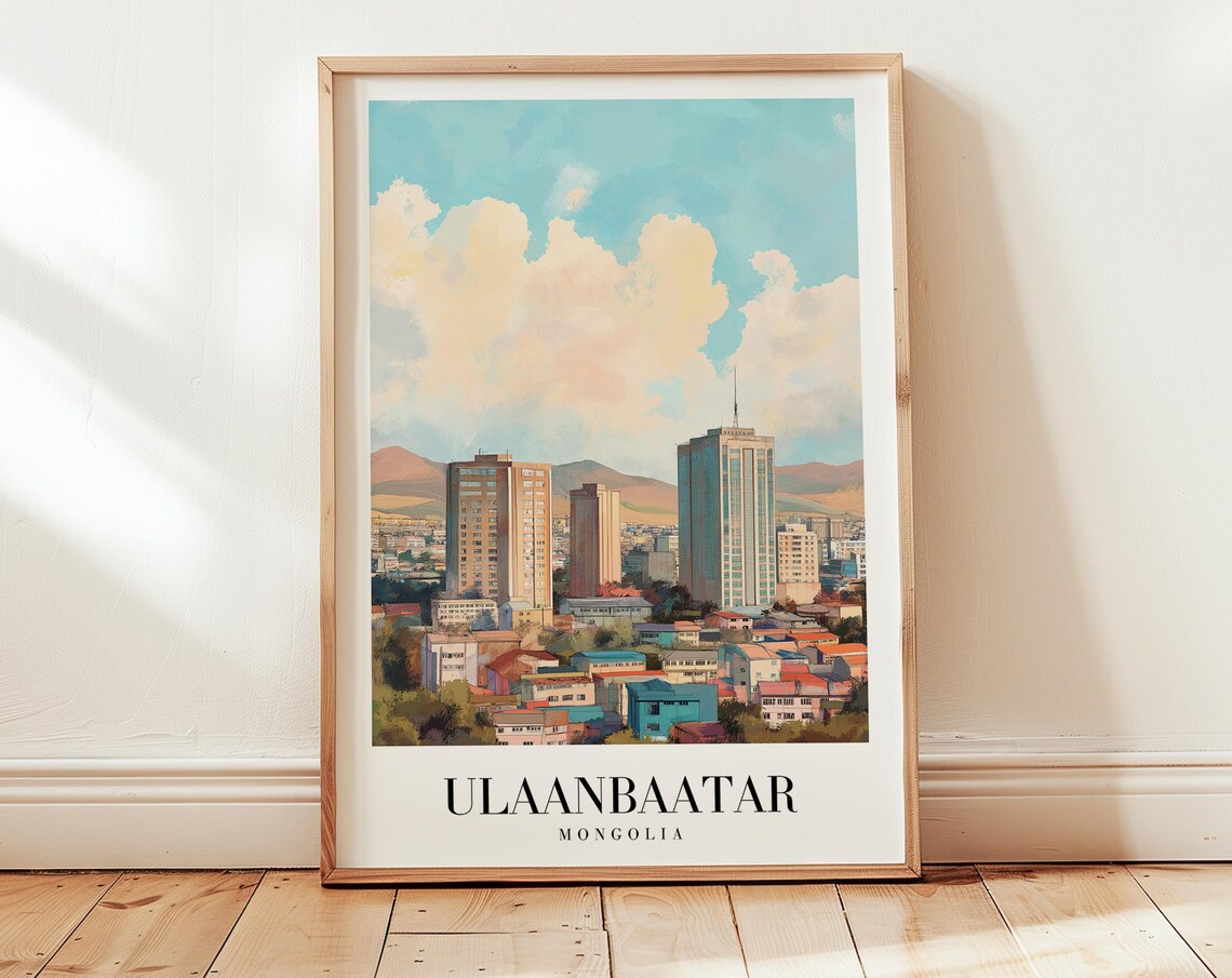 Ulaanbaatar Mongolia Skyline Vintage Warm Minimalist City Travel Poster