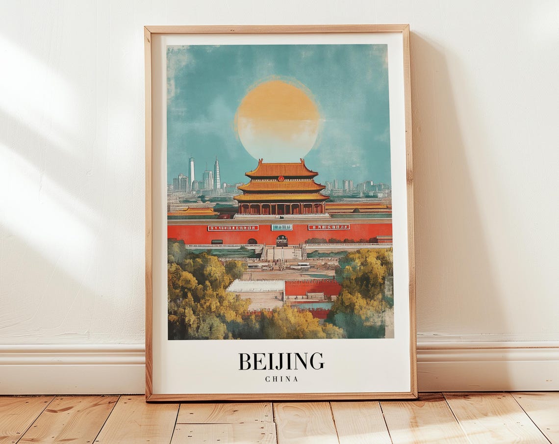 Beijing China Tiananmen Forbidden City Sunset Vintage Poster