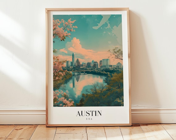 Austin USA Golden Hour Skyline River Reflection Glow Travel Poster