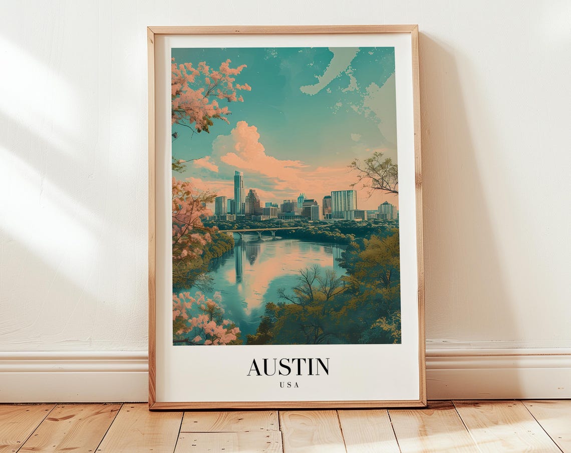 Austin USA Golden Hour Skyline River Reflection Glow Travel Poster