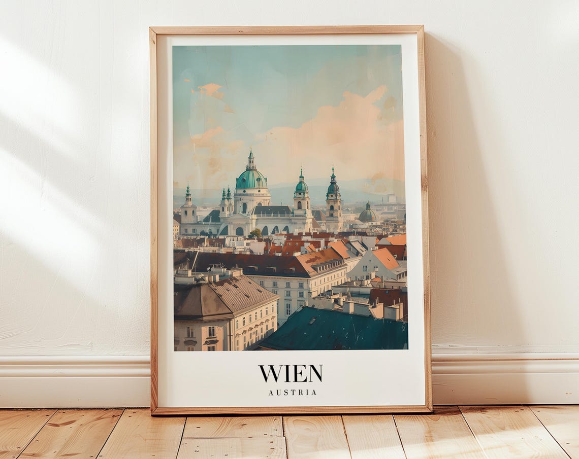 Wien Austria Vienna Church Domes Rooftops Minimalist Travel Poster
