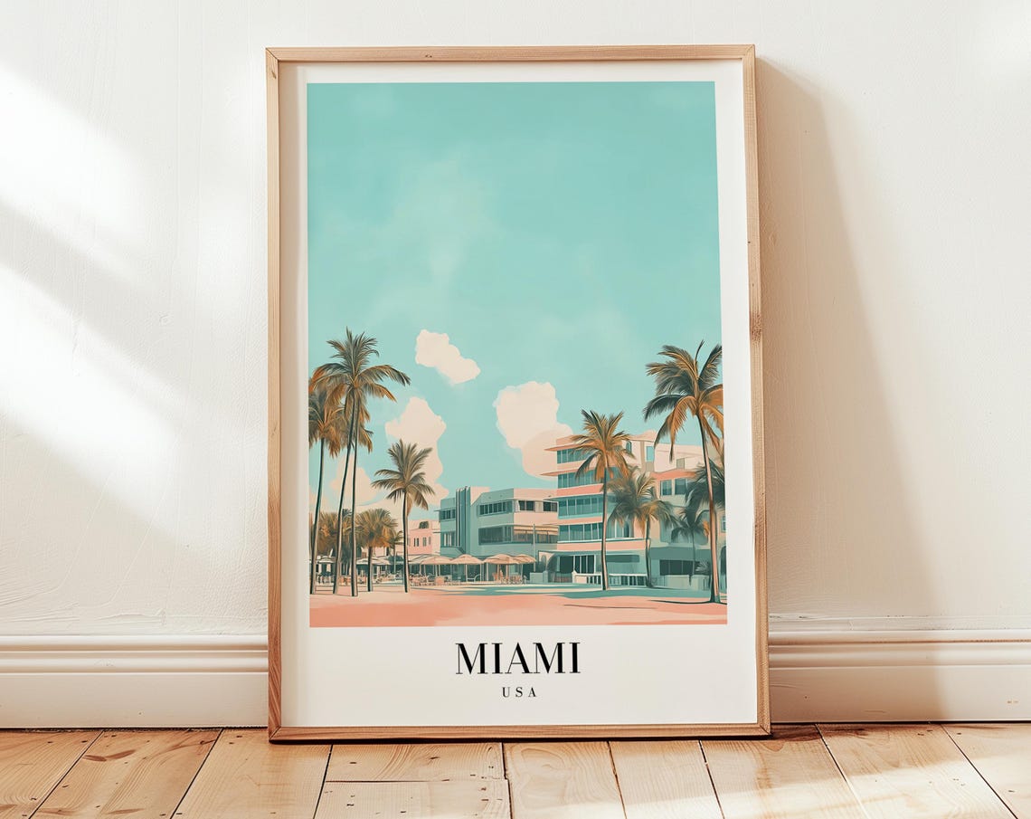 Miami USA Art Deco Beachfront Palms Pastel Sky Vintage Travel Poster