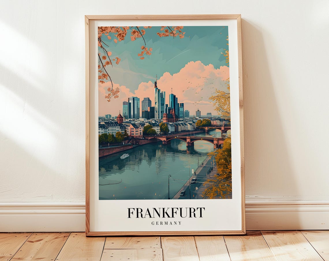Frankfurt Germany Skyline River Bridge Autumn Retro Travel Poster
