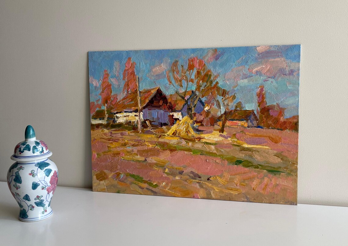Rural Village Wooden House Haystack Autumn Impressionist Oil Painting - Image 4