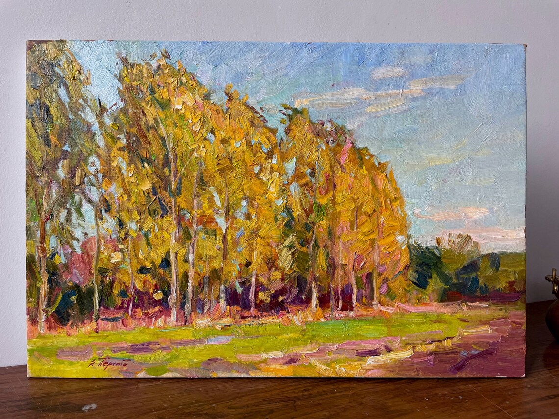 Autumn Birch Grove Golden Meadow Impressionist Oil Painting Landscape - Image 2
