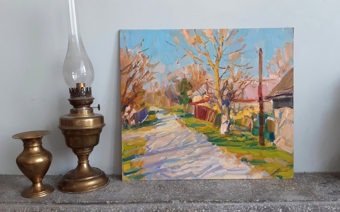 Rural Village Road Spring Blossom Trees Impressionist Oil Painting - Image 5