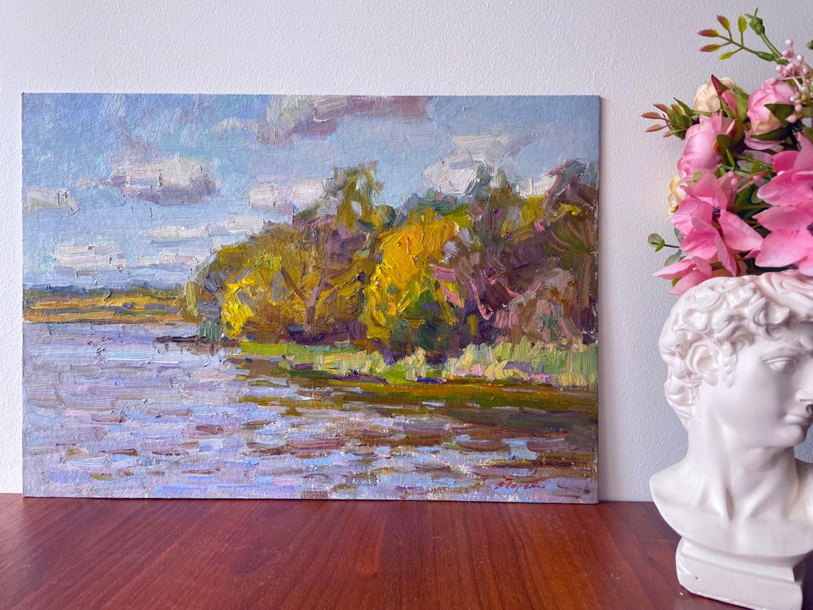 Autumn River Golden Trees Lavender Water Impressionist Oil Painting - Image 5