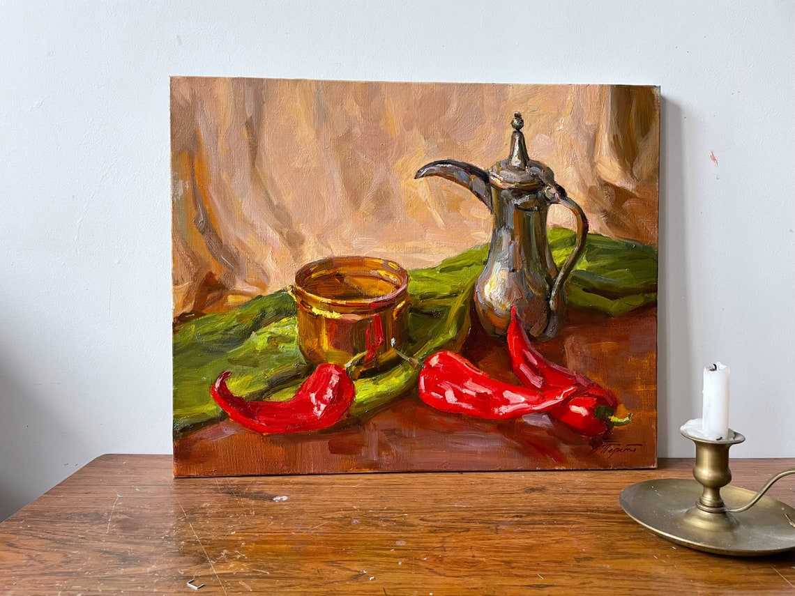Red Chili Peppers Brass Still Life Kitchen Oil Painting Wall Art - Image 3