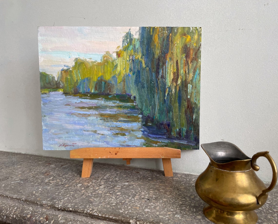 River Willow Trees Impressionist Oil Painting Original Landscape Art - Image 4