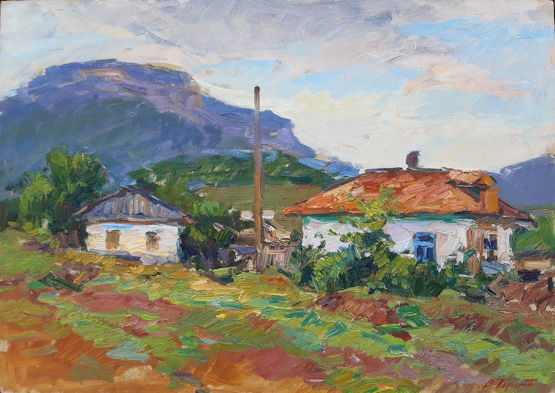 Mountain Village Blue Peaks Rustic Houses Impressionist Oil Painting