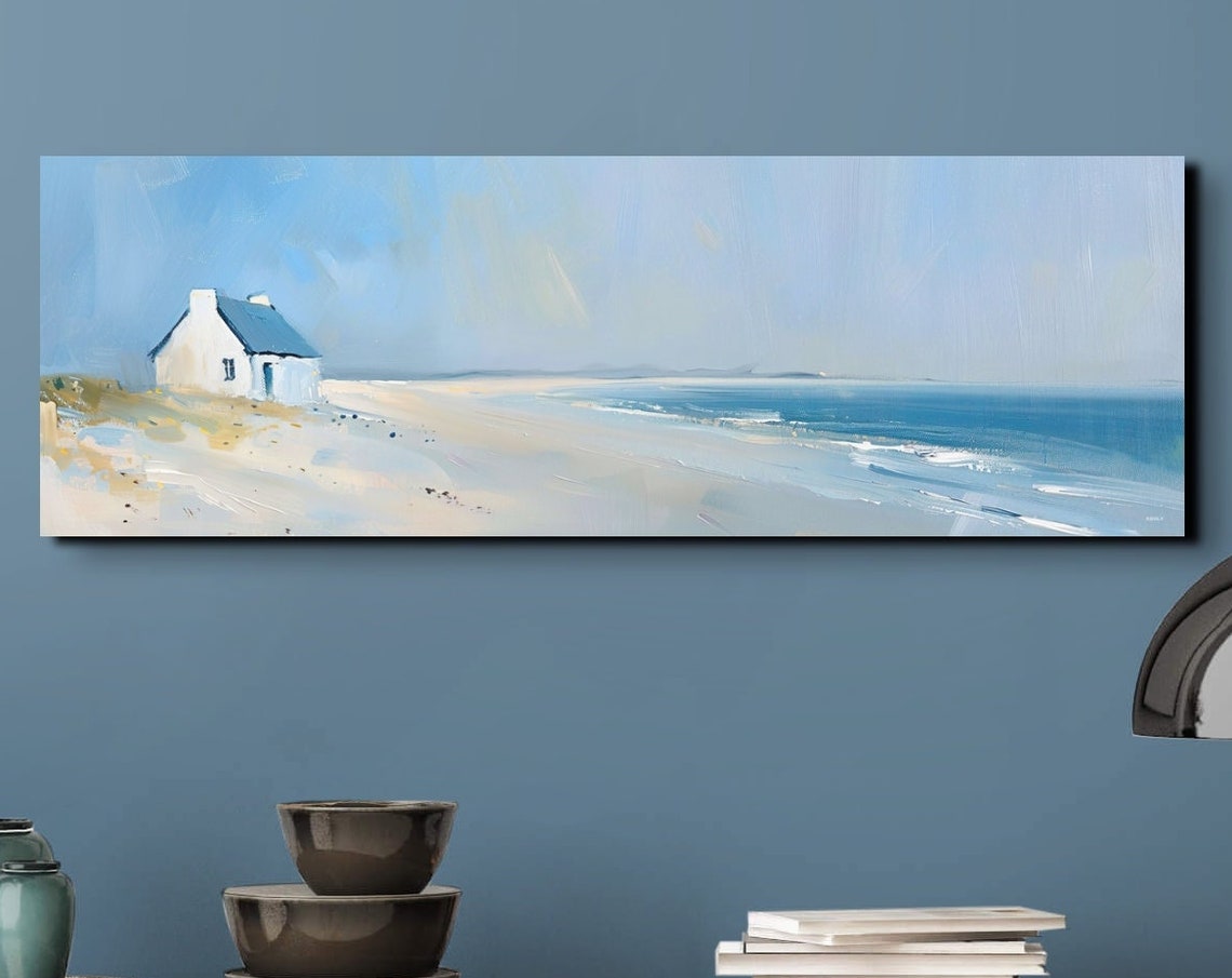 White Beach Cottage Coastal Oil Painting Panoramic Seascape Poster