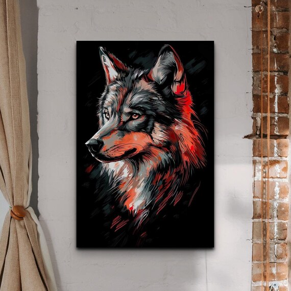 Red and Gray Wolf Portrait Bold Brushstroke Art on Black Poster