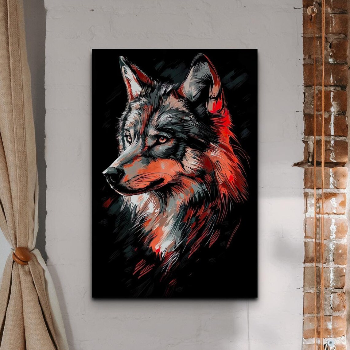Red and Gray Wolf Portrait Bold Brushstroke Art on Black Poster