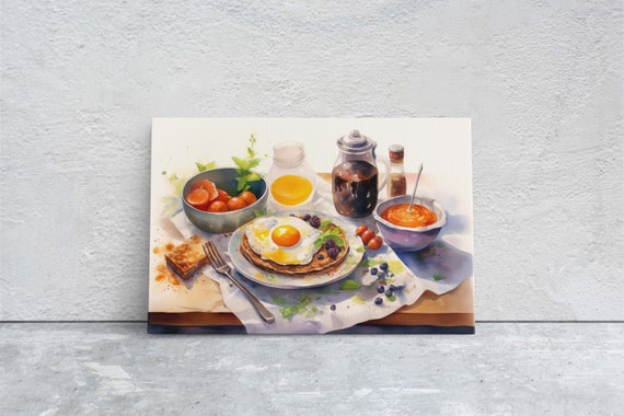 Breakfast Watercolor Breakfast Painting Food Art Kitchen Art Eggs Pancakes Coffee Framed Colorful Food Art Colorful Kitchen