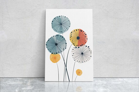 Mid Century Modern Dandelion Seed Heads Teal Orange Art Poster