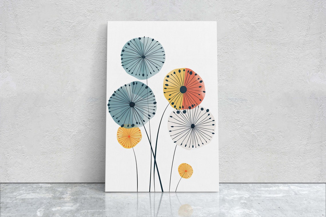 Mid Century Modern Dandelion Seed Heads Teal Orange Art Poster