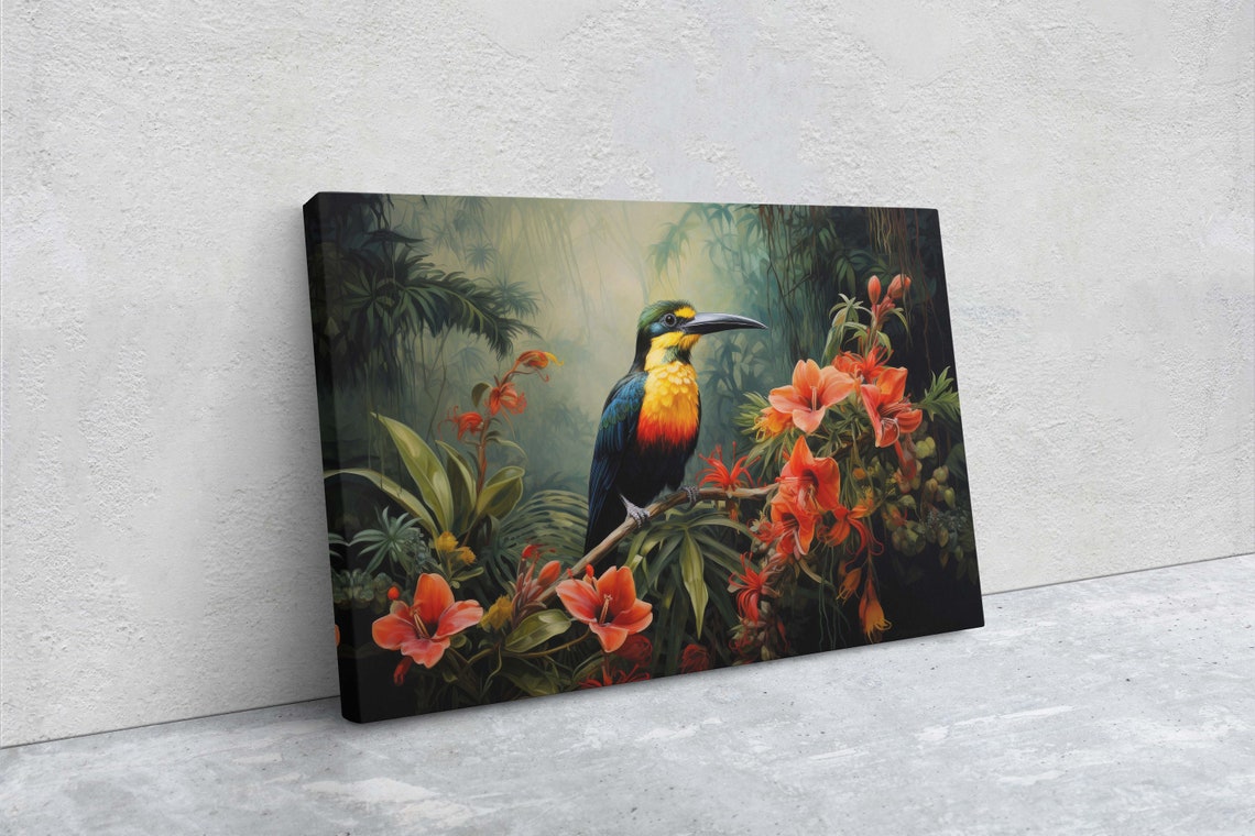 Colorful Beak Bird Red Jungle Flowers Misty Rainforest Art Poster - Image 2