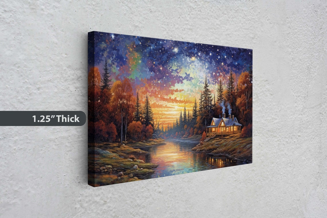 Starry Night Lake Cabin Forest Sunset Reflection Cozy Art Poster - Image 3
