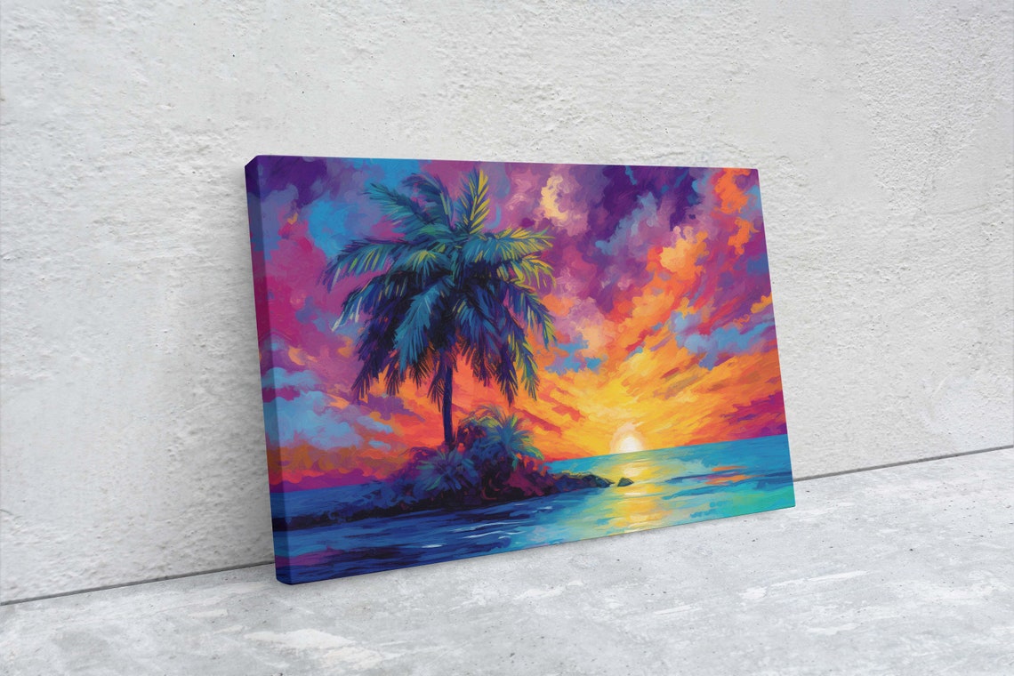 Vivid Palm Sunset On Palm Tree Dusk Evening Ocean View Oceanside Colorful Beach Framed Watercolor Painting - Image 2