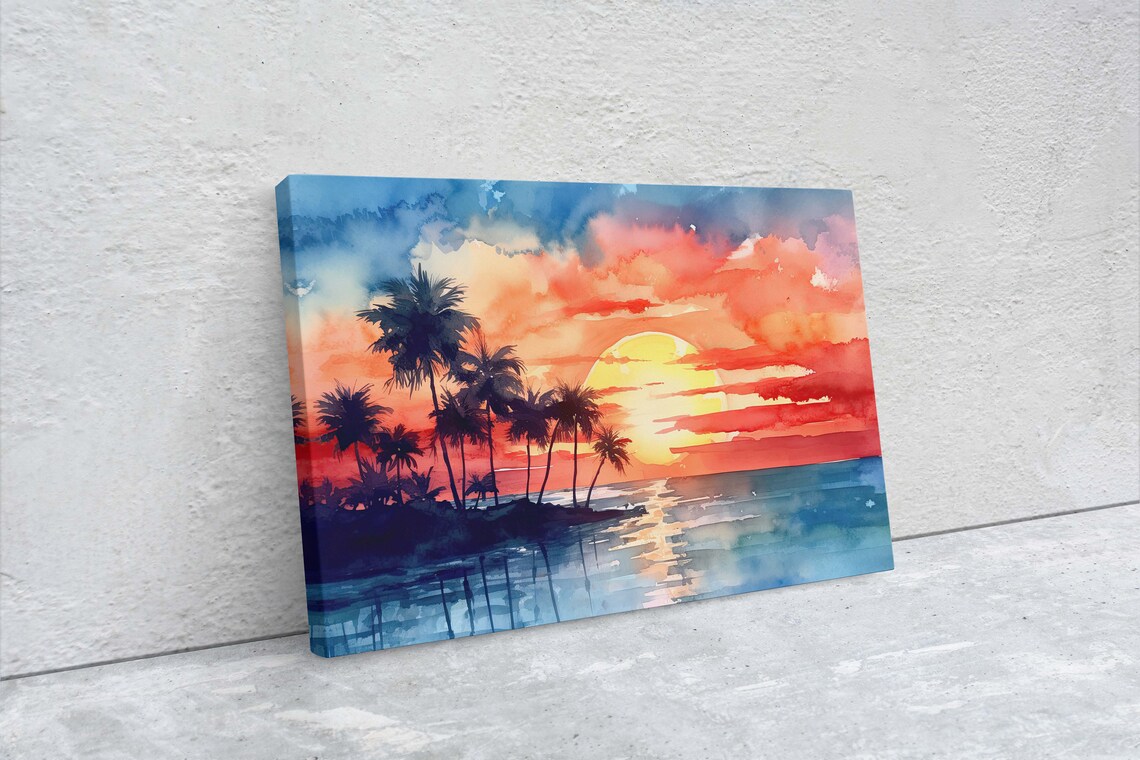 Beach Sunset On Tree Silhouette Watercolor Art Print - Image 2