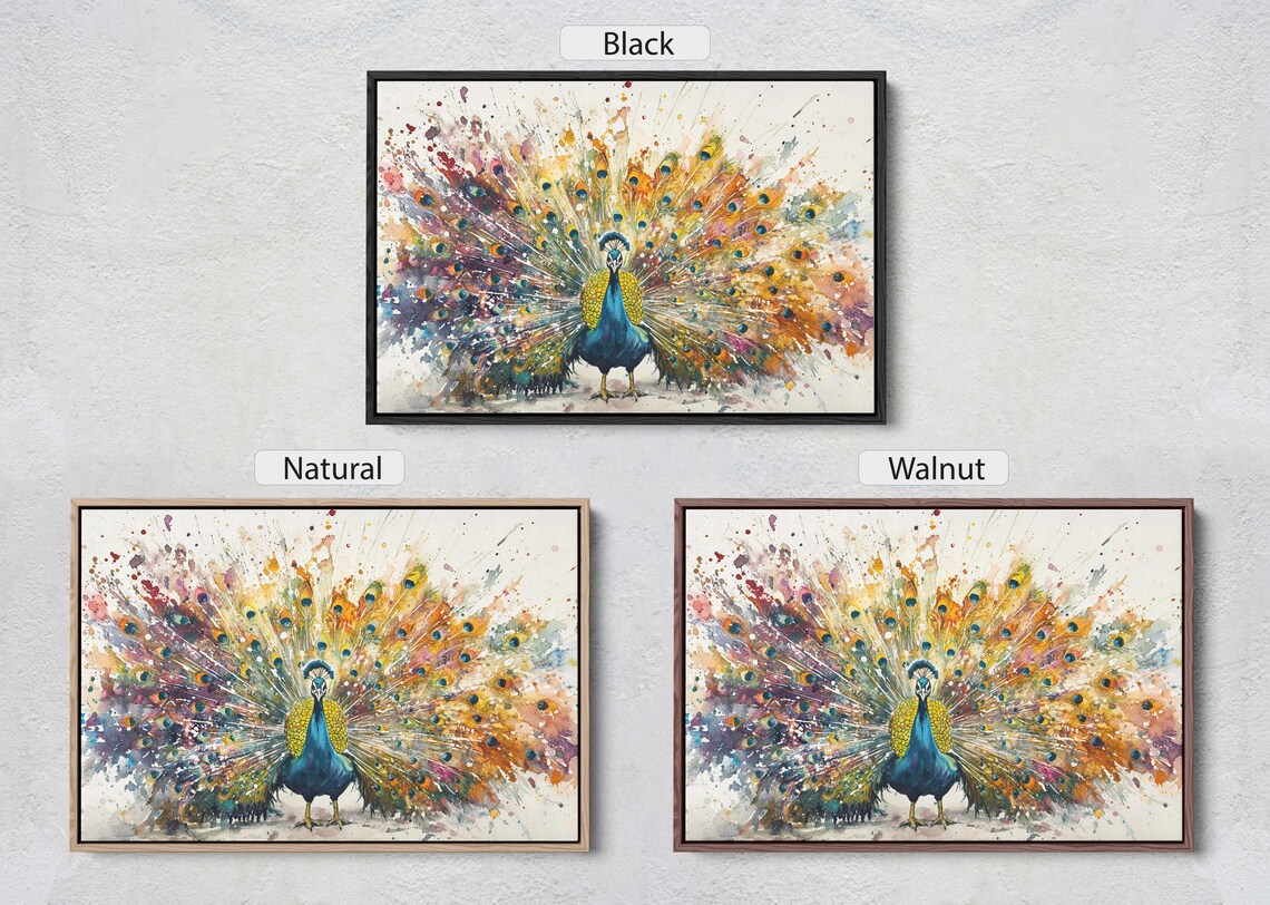 Colorful Peacock With Fanned Tail Watercolor Splash Art Bird Wall Art - Image 2