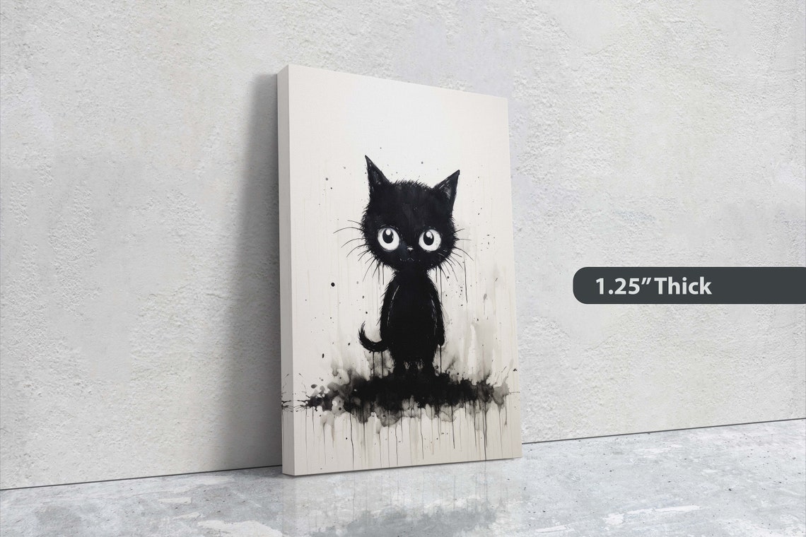 Tiny Black Cat Ink Splatter Big Eyes Minimalist Kitten Art Poster - Image 3