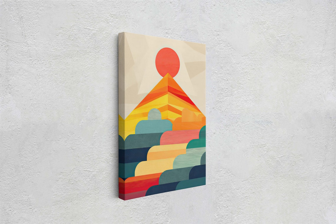 Minimalist Abstract Triangle Mountain Red Sun Colorful Stripes Poster - Image 2