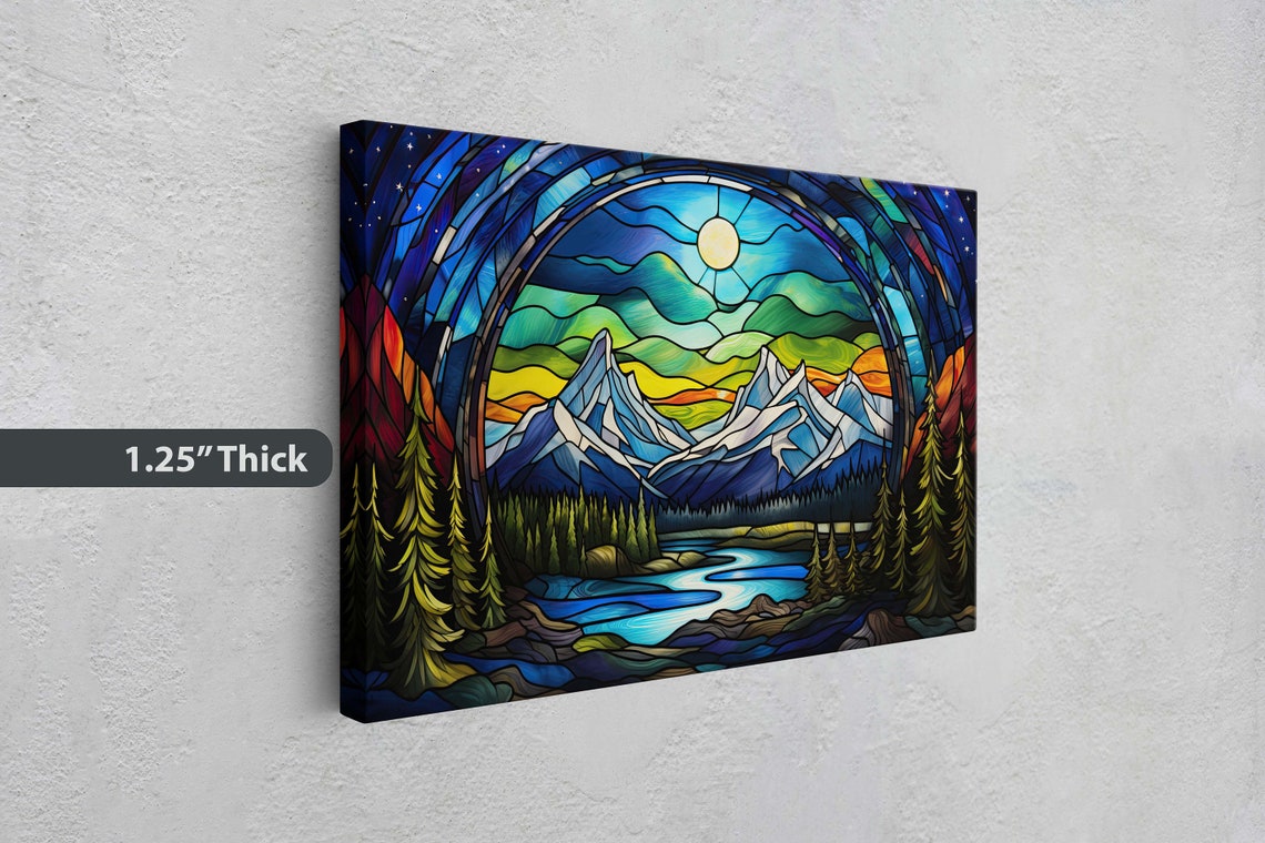 Stained Glass Glaciers Painting Night Moon Mountains Mountain Landscape Framed Cold Mountains Snow Peaks - Image 3