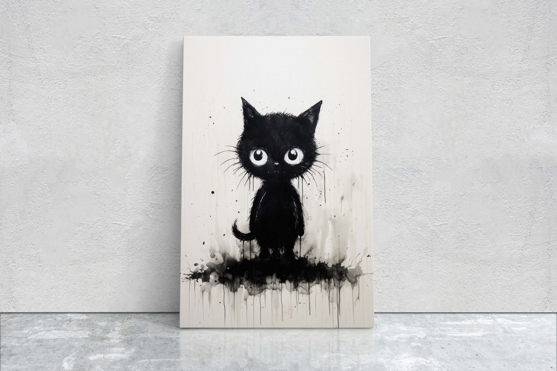 Tiny Black Cat Ink Splatter Big Eyes Minimalist Kitten Art Poster