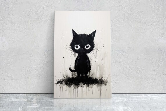 Tiny Black Cat Ink Splatter Big Eyes Minimalist Kitten Art Poster
