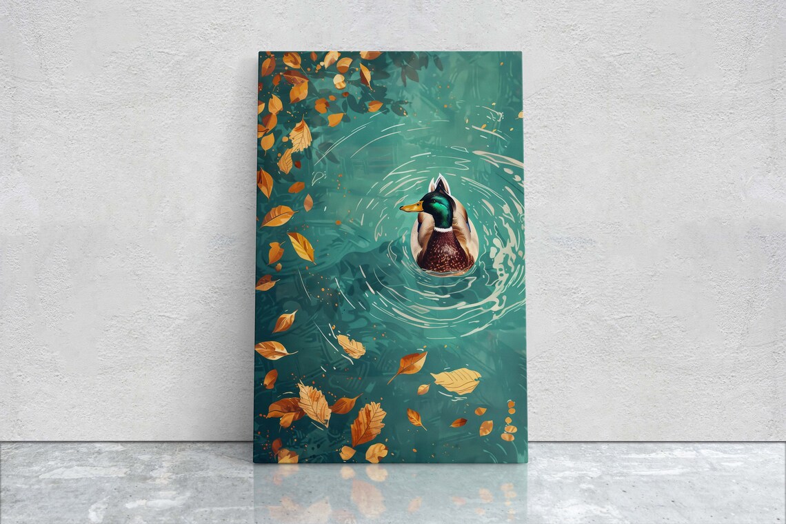 Mallard Duck In Lake, Fall Leaves Wall Art Print - Image 2