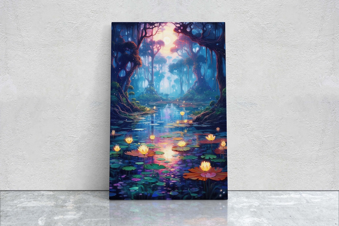 Magical Enchanted Pond Glowing Lotus Flowers Fantasy Forest Art Poster