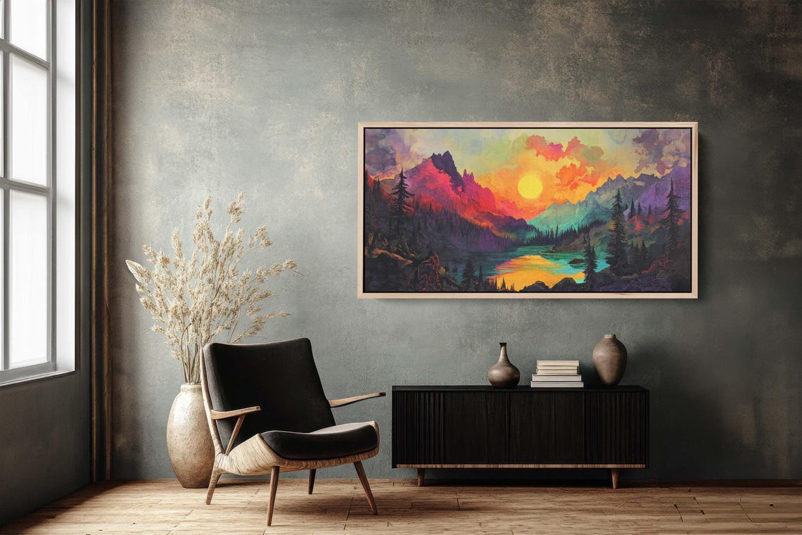 Glowing Sun Rising Over Red Mountain Peaks Alpine Lake Poster