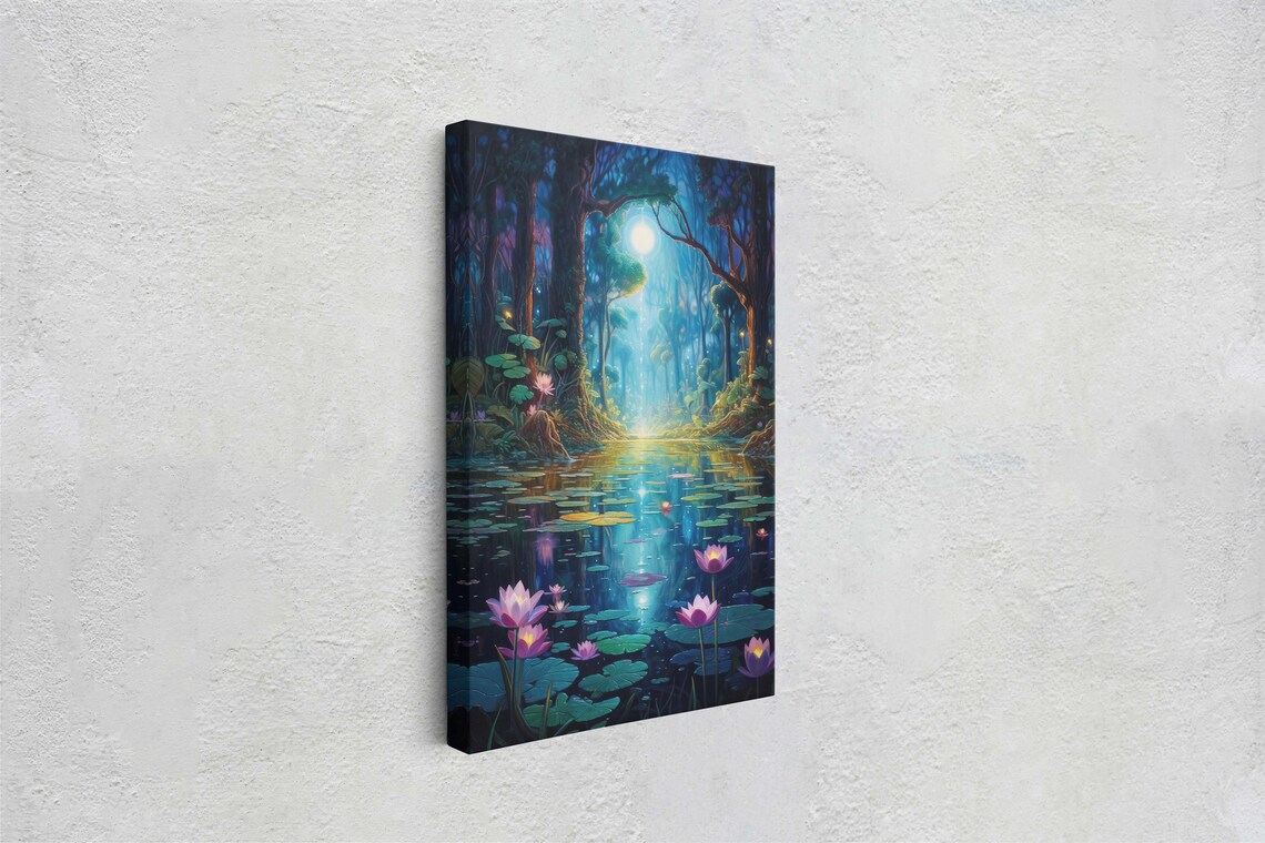Enchanted Pond Lanterns, Fantasy Forest Art Print - Image 2