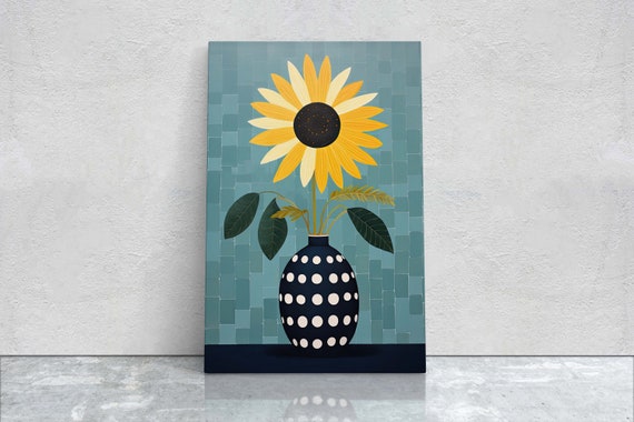Sunflower Vase Yellow And Blue Indigo And Gold Framed Vertical Portrait Large Art Print Simple Bold Contemporary Painting