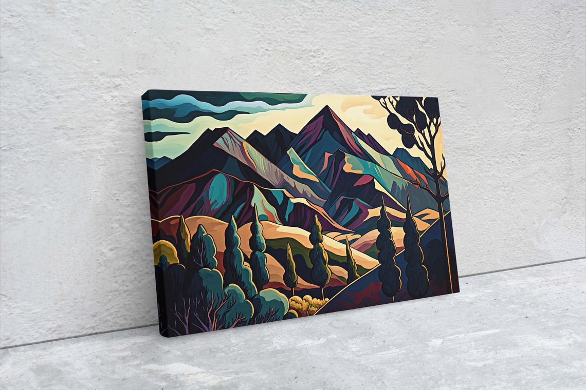 Surreal Mountain Subdued Landscape Simplistic Painting Minimal Abstract Modern Art Deco Geometric Shapes - Image 2