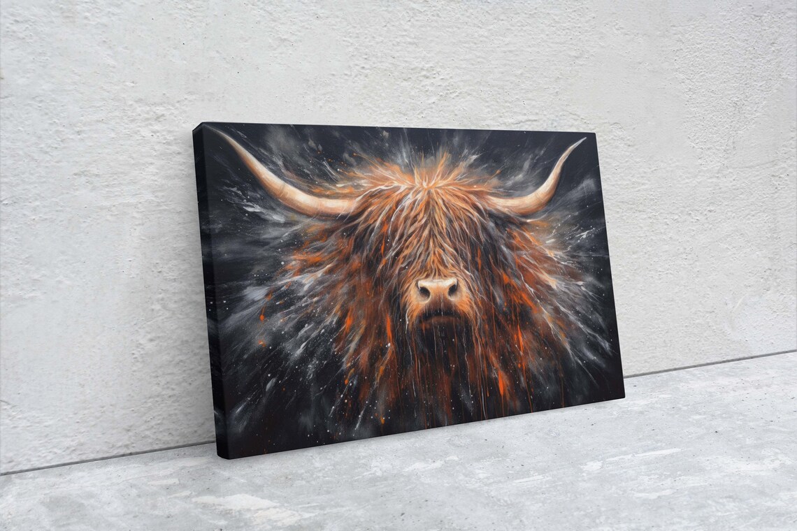 Highland Cow Portrait Splattered Paint Rustic Farmhouse Wall Art - Image 2