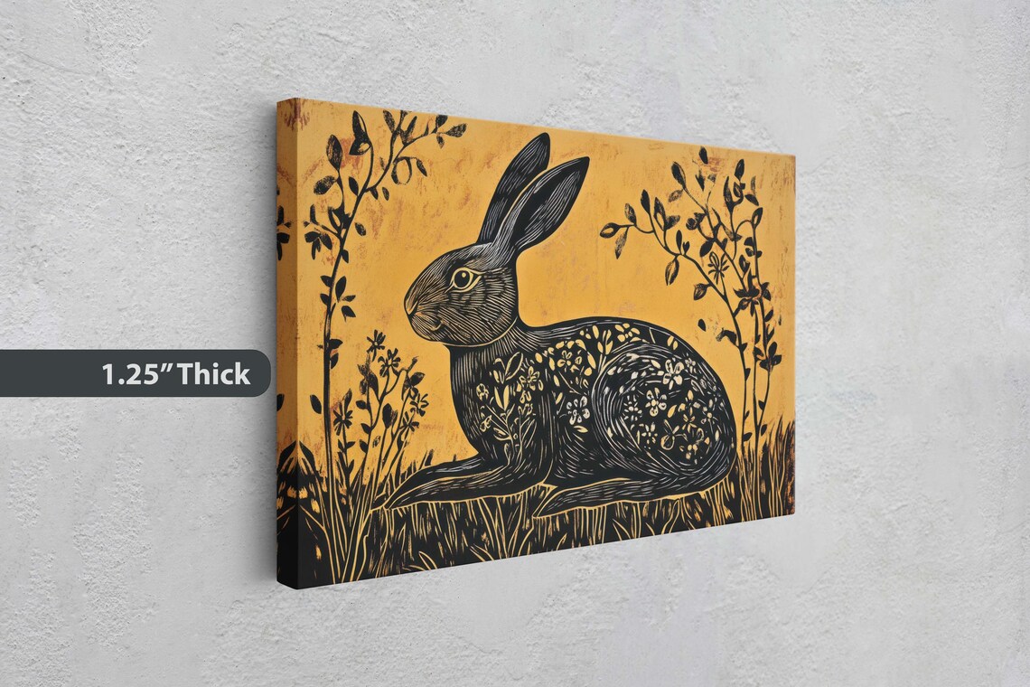 Folk Rabbit Linocut Art Print, Cottagecore Nature - Image 3