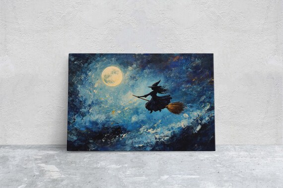 Flying Witch On Broomstick, Whimsical Halloween Art
