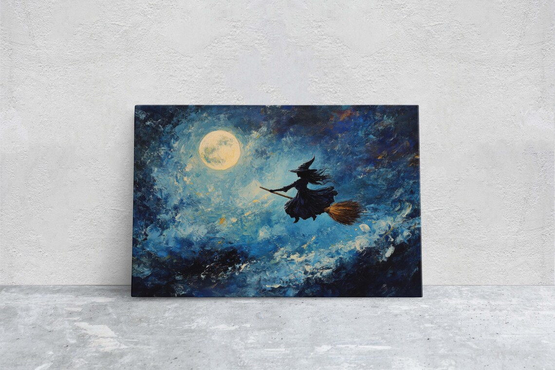 Flying Witch On Broomstick, Whimsical Halloween Art