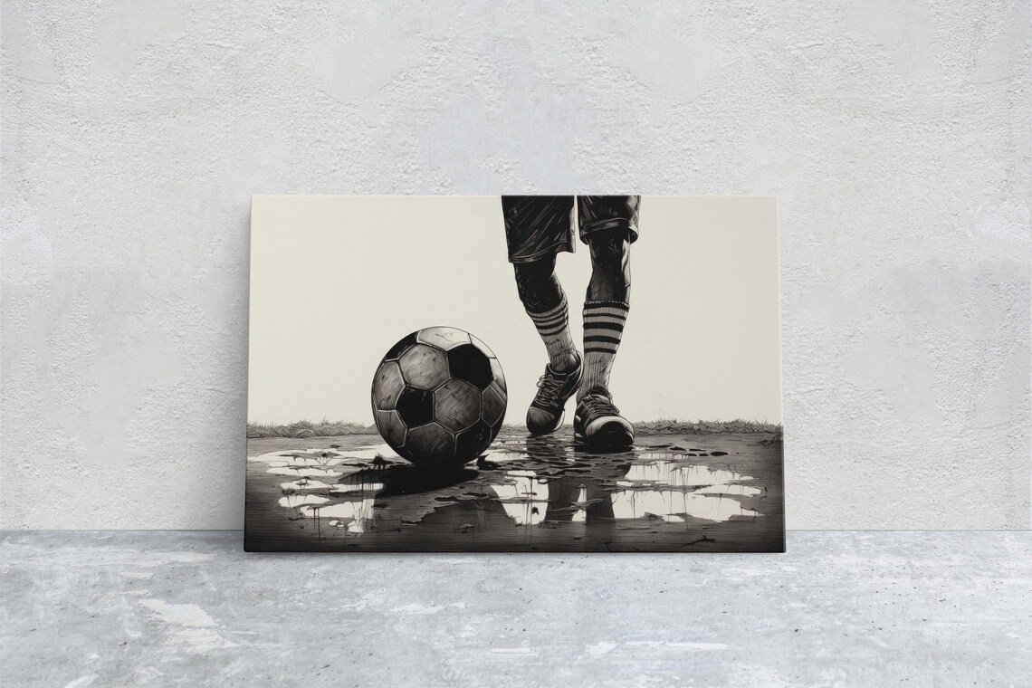 Black And White Soccer Player Ball Wet Ground Sports Action Art Print