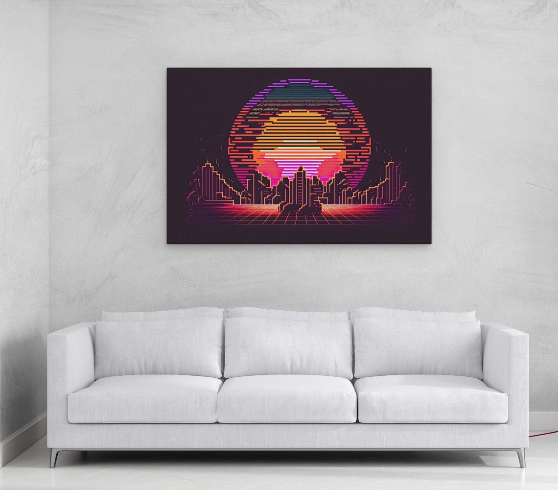 Pixel Art Sunset City Art Ready To Hang Large Print Man Cave Video Game Retro Synthwave - Image 3
