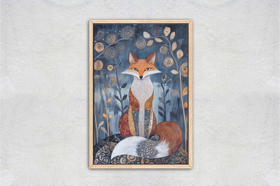 Scandinavian Fox Folk Art, Celestial Poster Print