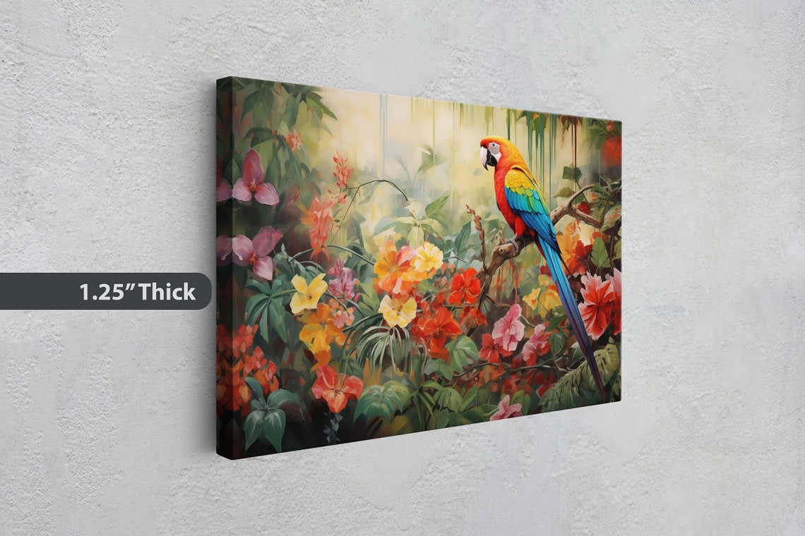 Scarlet Macaw Parrot Tropical Flower Garden Bright Jungle Art Print - Image 3