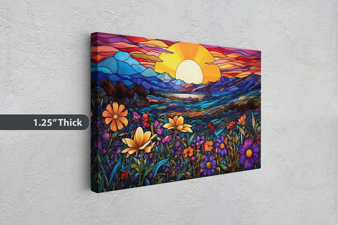 Stained Glass Blue Mountains Floral Landscape Art Print - Image 3