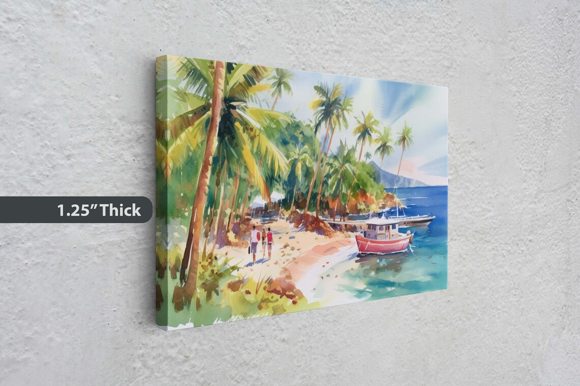 Tropical Beach Palm Trees Red Boat Ocean Cove Watercolor Art Poster - Image 3