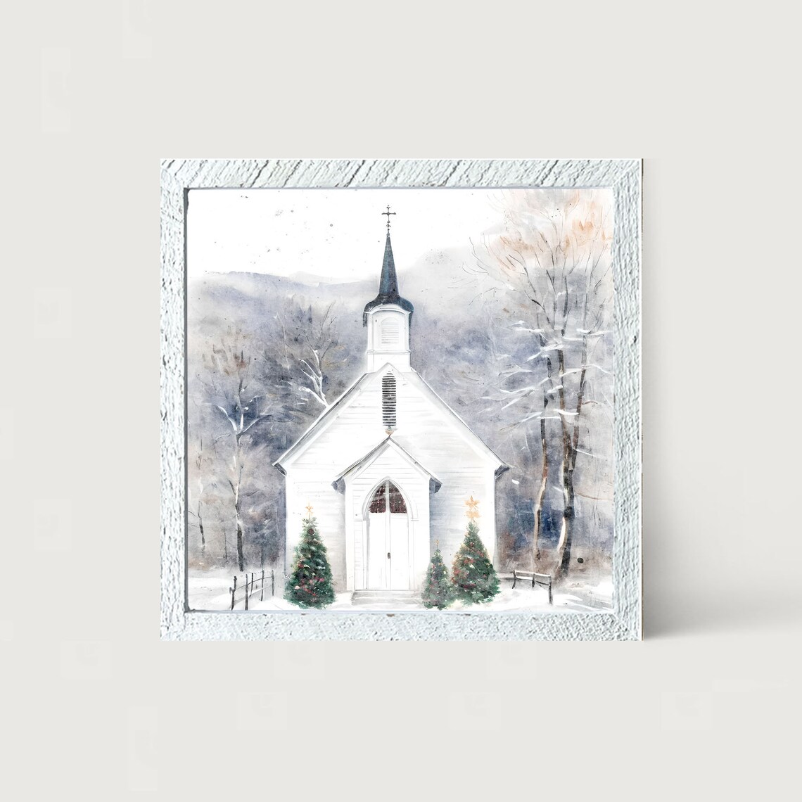 Winter Church And Christmas Trees Art Print - Image 3
