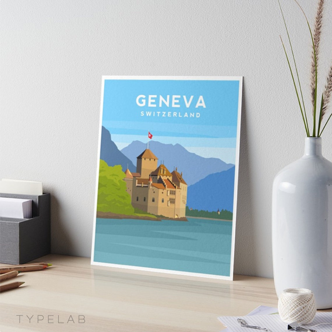 Lake Geneva Art Print Switzerland Travel Print European Poster Europe Wall Decor Switzerland Print Lake Geneva Landscape Wall Art - Image 2