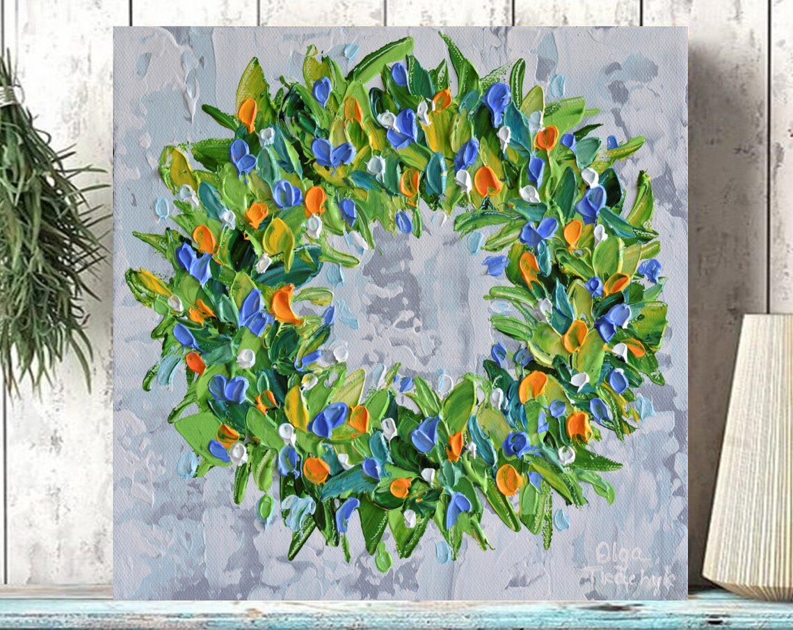Christmas Wreath Painting Blue Orange Flowers Green Impasto Art Poster