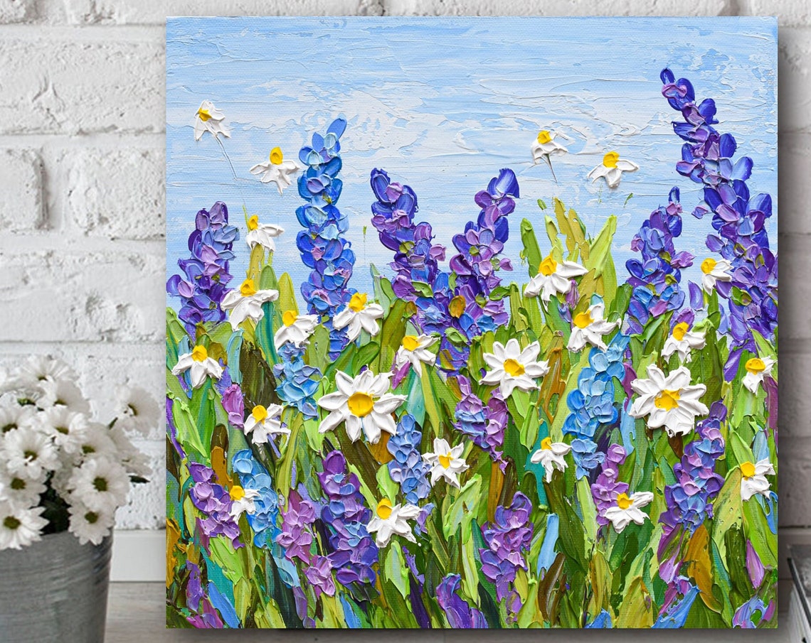 Purple Lavender White Daisies Wildflower Field Impasto Art Poster